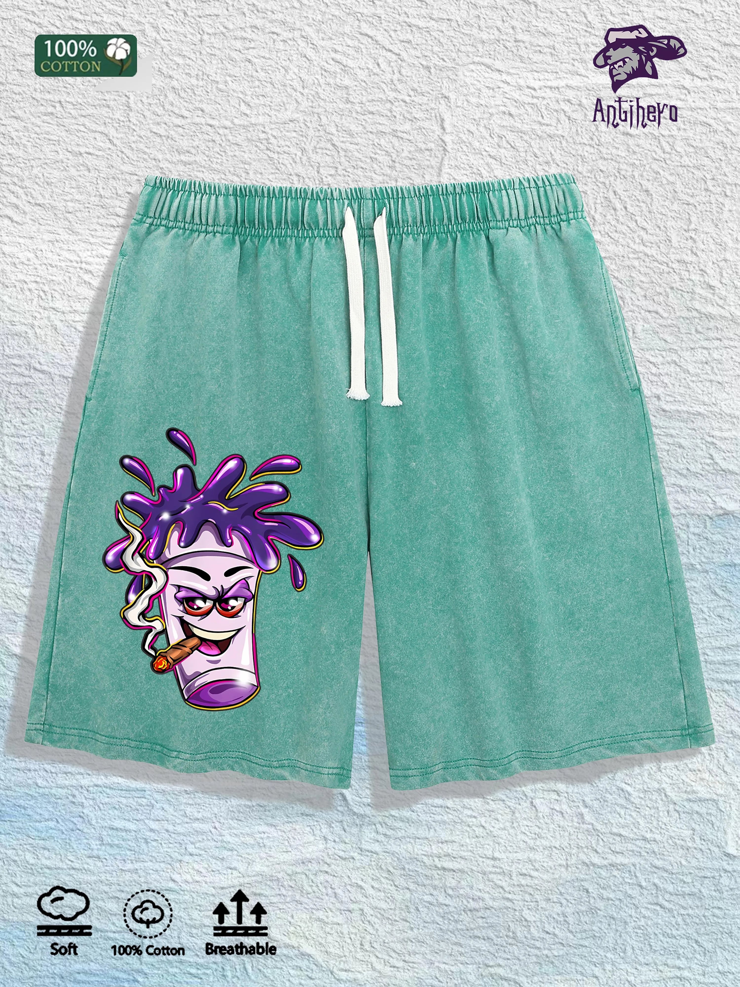“Cartoon Cup” Cotton Washed Graphic Shorts