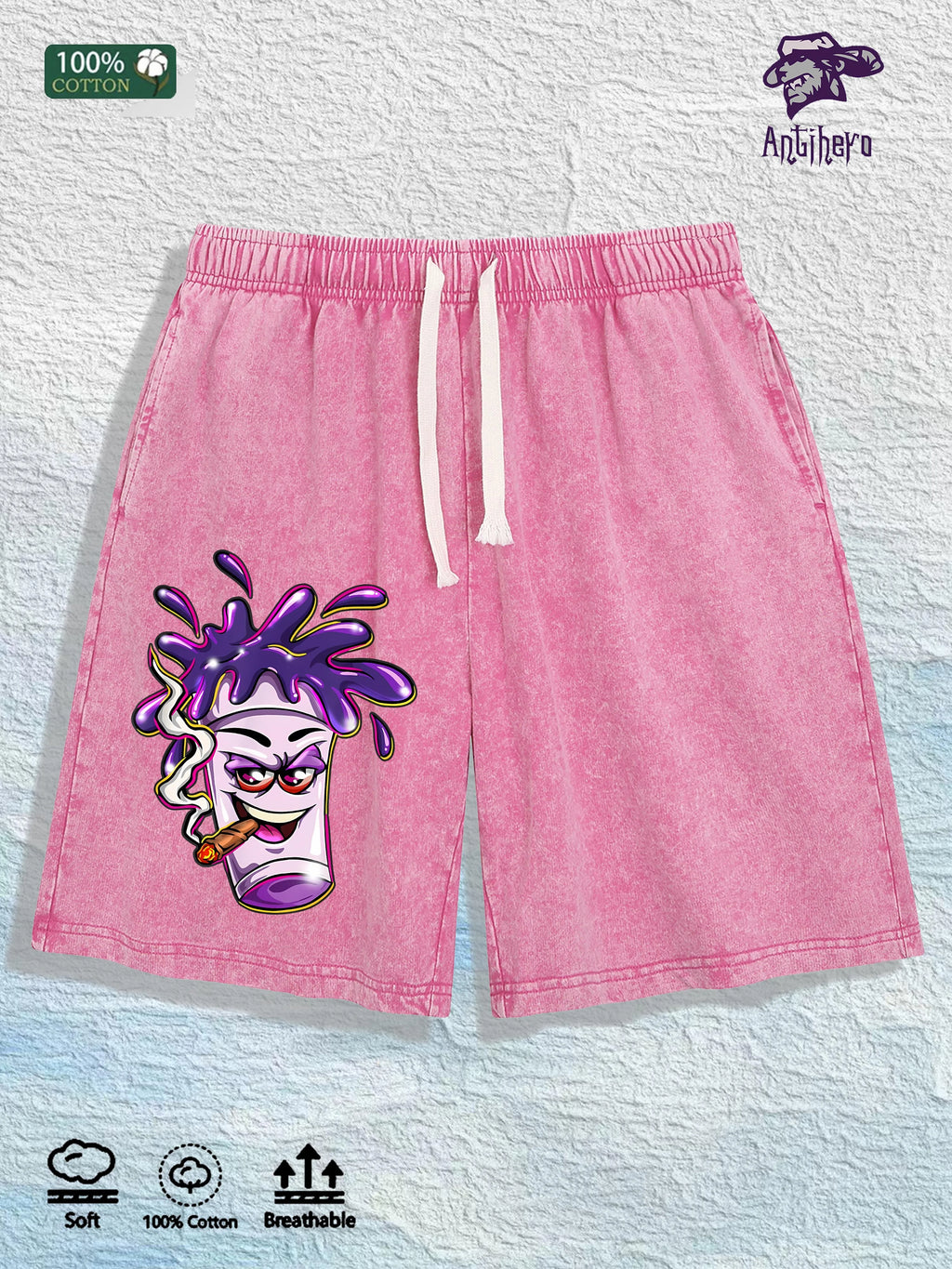 “Cartoon Cup” Cotton Washed Graphic Shorts